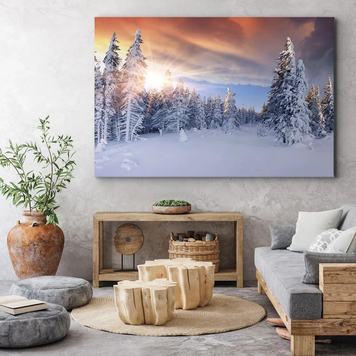 Obraz na płótnie - Zimowy krajobraz z ośnieżonym lasem o zachodzie słońca - 70x50cm - Snieżny spektakl natury - Nowoczesna dekoracja ścienna do salonu i sypialni ARTTOR