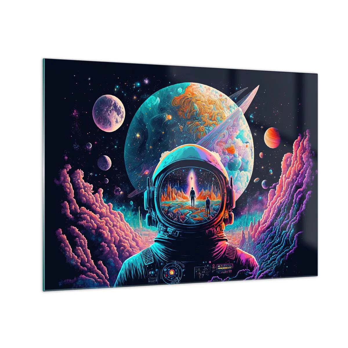 Obraz na szkle - Kosmiczny pejzaż z astronautą i surrealistyczną planetą - 70x50cm - Filozofom się nie śniło - Nowoczesna dekoracja ścienna do salonu i sypialni ARTTOR