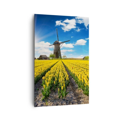Obraz na płótnie - Pole żółtych tulipanów z wiatrakami na horyzoncie - 80x120cm - Bardziej holenderski być nie może - Nowoczesna dekoracja ścienna do salonu i sypialni ARTTOR