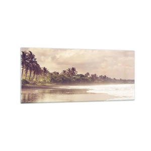 Obraz na szkle - Plaża z palmami i delikatnymi falami o poranku - 120x50cm - Pieszczota fal - Nowoczesna dekoracja ścienna do salonu i sypialni ARTTOR