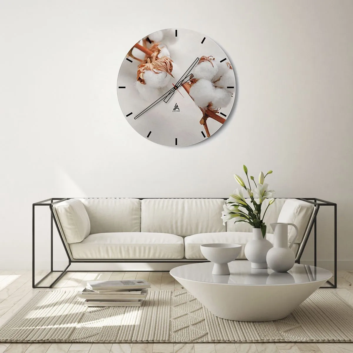 Zegar ścienny - Białe puszyste kwiaty bawełny na jasnym tle - 30x30cm - Tylko tulić - Nowoczesna dekoracja ścienna do salonu, kuchni i sypialni ARTTOR