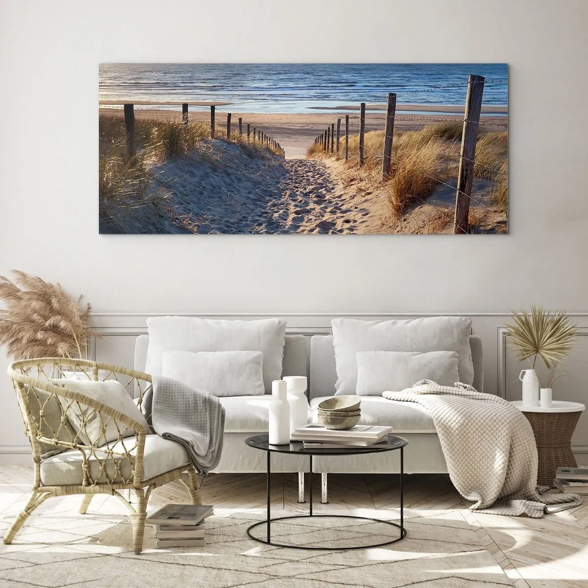Obraz na szkle - Ścieżka przez wydmy prowadząca na plażę - 140x50cm - Morza szum, ptaków śpiew, dzika plaża pośród traw… - Nowoczesna dekoracja ścienna do salonu i sypialni ARTTOR