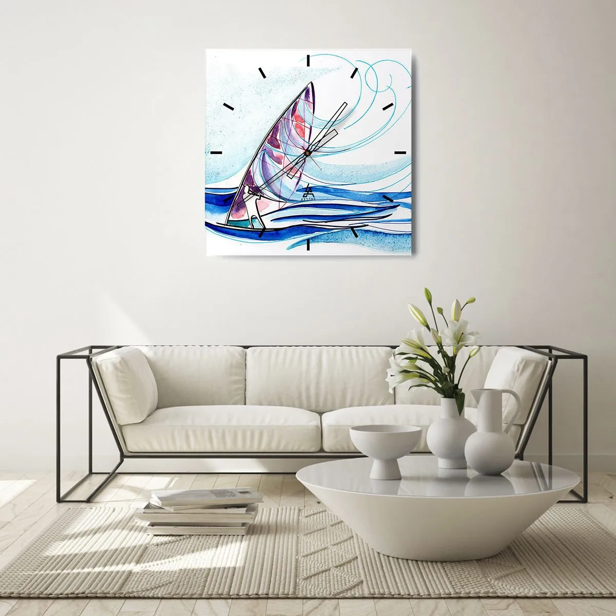 Zegar ścienny - Surfer na falach w abstrakcyjnej kompozycji akwarelowej - 30x30cm - Z wiatrem w rytmie fal - Nowoczesna dekoracja ścienna do salonu i sypialni ARTTOR