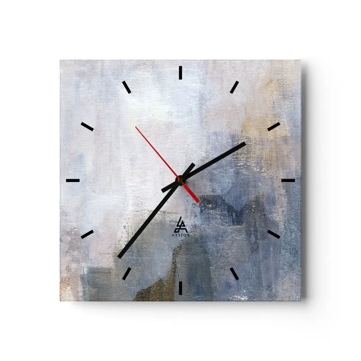 Zegar ścienny - Subtelne abstrakcyjne plamy w odcieniach błękitu i beżu - 30x30cm - Tony i akordy barw - Nowoczesna dekoracja ścienna do salonu i sypialni ARTTOR