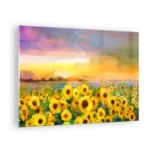 Obraz na szkle - Pole słoneczników w świetle zachodzącego słońca - 70x50cm - Samo słońce zstąpiło na ziemię - Nowoczesna dekoracja ścienna do salonu i sypialni ARTTOR
