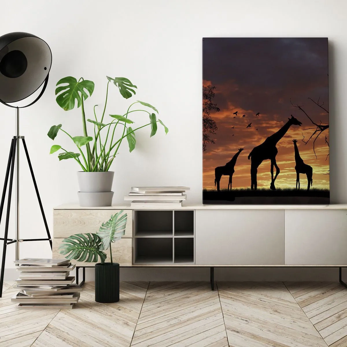 Obraz na płótnie - Sylwetki żyraf o zachodzie słońca na sawannie - 50x70cm - Mała kolacja w gronie najbliższych - Nowoczesna dekoracja ścienna do salonu, kuchni i sypialni ARTTOR