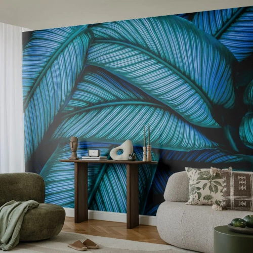 Fototapeta Premium Sand - Turkusowe liście z intensywnym żyłkowaniem w zbliżeniu - 100x70cm - Linie życia - Nowoczesna dekoracja ścienna do salonu, kuchni i sypialni ARTTOR