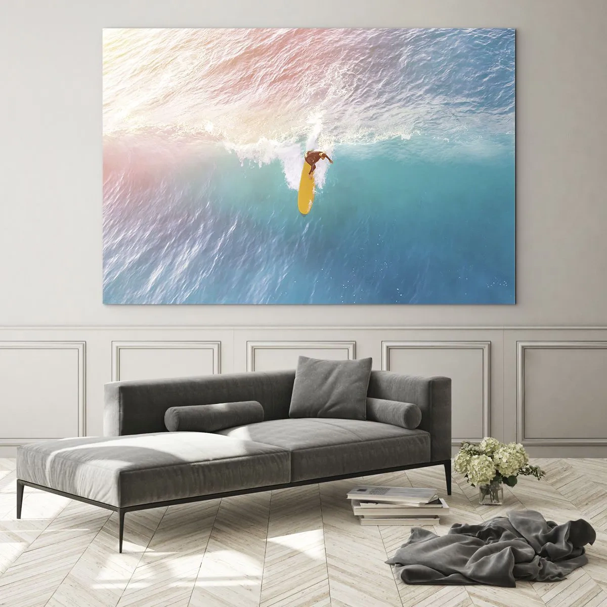 Obraz na szkle - Surfer na fali w turkusowym oceanie - 70x50cm - Oceaniczny jeździec - Nowoczesna dekoracja ścienna do salonu i sypialni ARTTOR