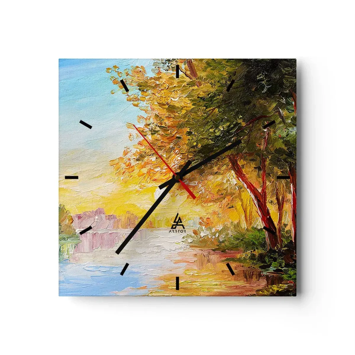 Zegar ścienny - Malowniczy krajobraz z rzeką i drzewami o zachodzie słońca - 30x30cm - Et in Arcadia ego - Nowoczesna dekoracja ścienna do salonu i sypialni ARTTOR