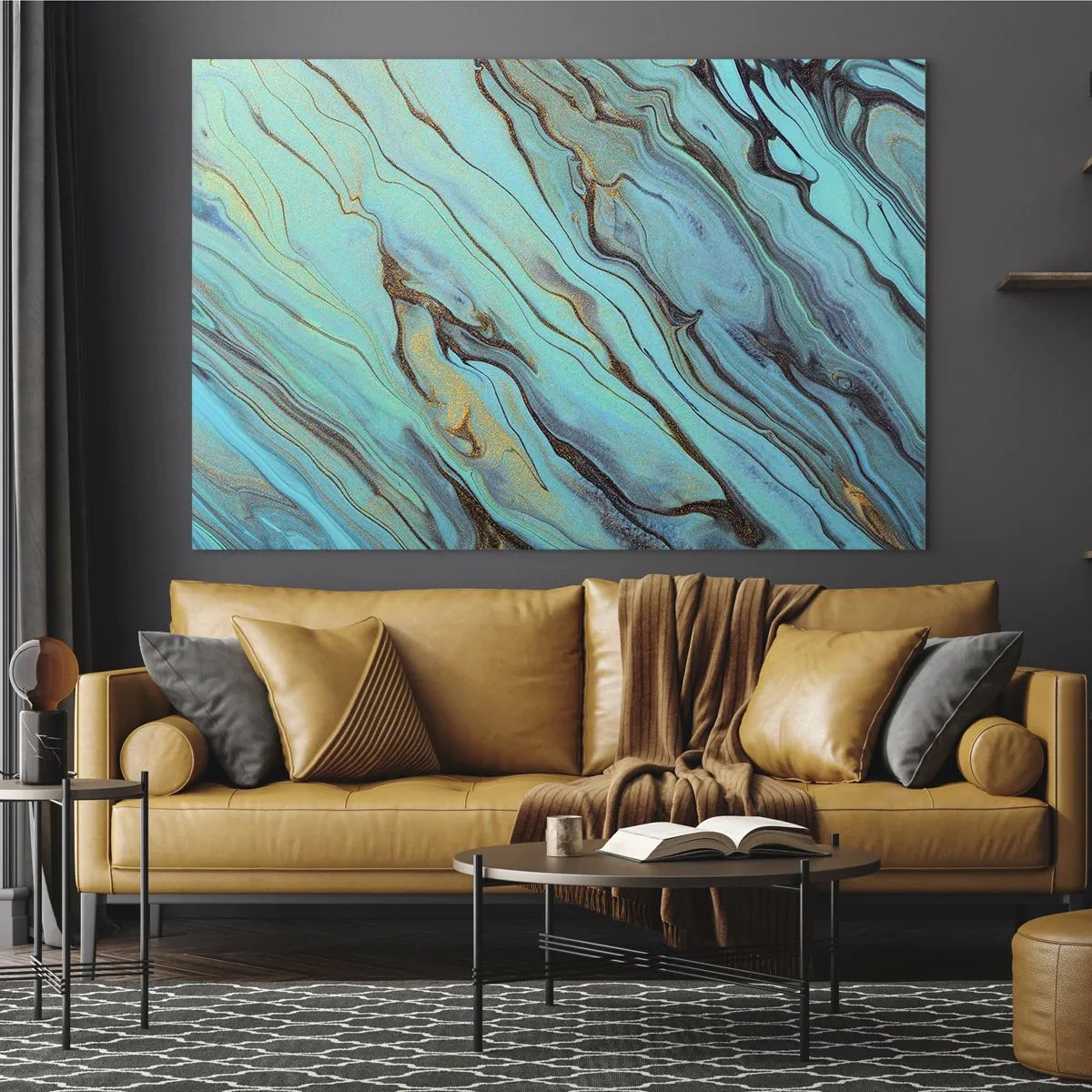 Obraz na szkle - Abstrakcyjne smugi w turkusowej i złotej kolorystyce - 70x50cm - Turkusowy przypływ - Nowoczesna dekoracja ścienna do salonu i sypialni ARTTOR