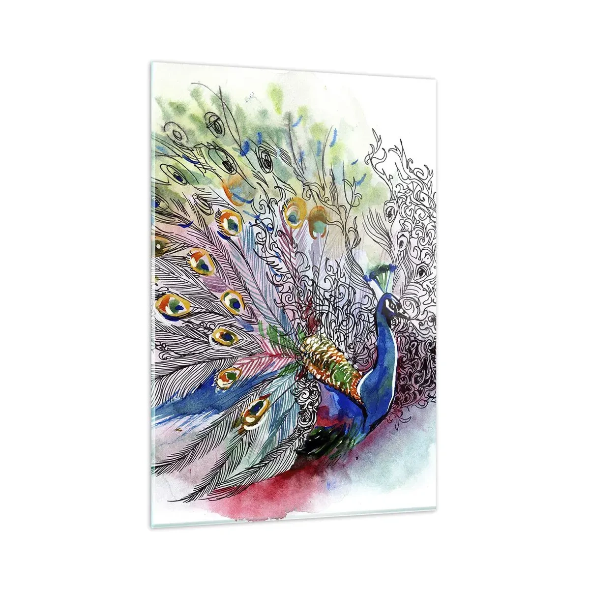 Obraz na szkle - Paw w kolorowym akwarelowym stylu z abstrakcyjnymi piórami - 80x120cm - Z dumą przeciw szarości - Nowoczesna dekoracja ścienna do salonu i sypialni ARTTOR