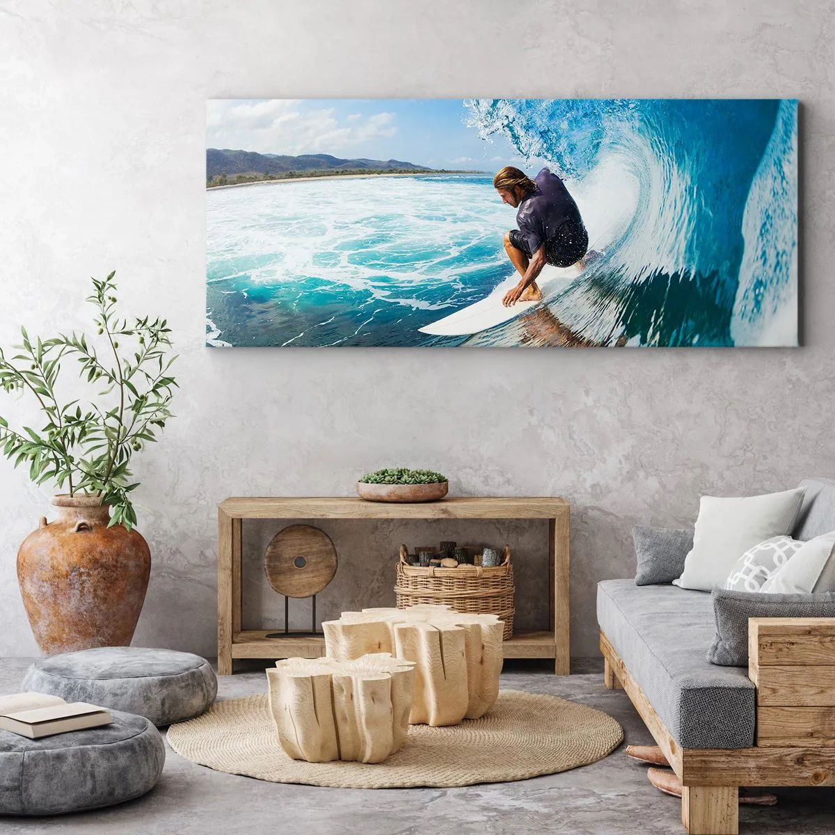 Obraz na płótnie - Surfer w dynamicznej pozie na fali w turkusowej wodzie - 140x50cm - Tańczący z falami - Nowoczesna dekoracja ścienna do salonu i sypialni ARTTOR