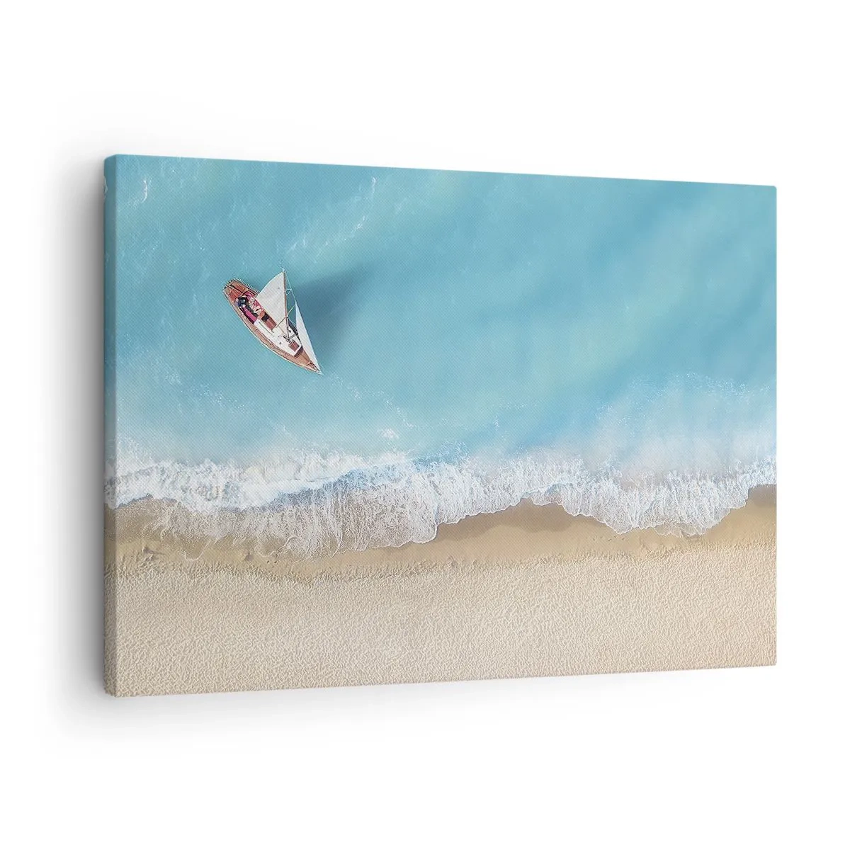 Obraz na płótnie - Łódka przy plaży w widoku z lotu ptaka - 70x50cm - Na granicy błękitu i złota - Nowoczesna dekoracja ścienna do salonu i sypialni ARTTOR
