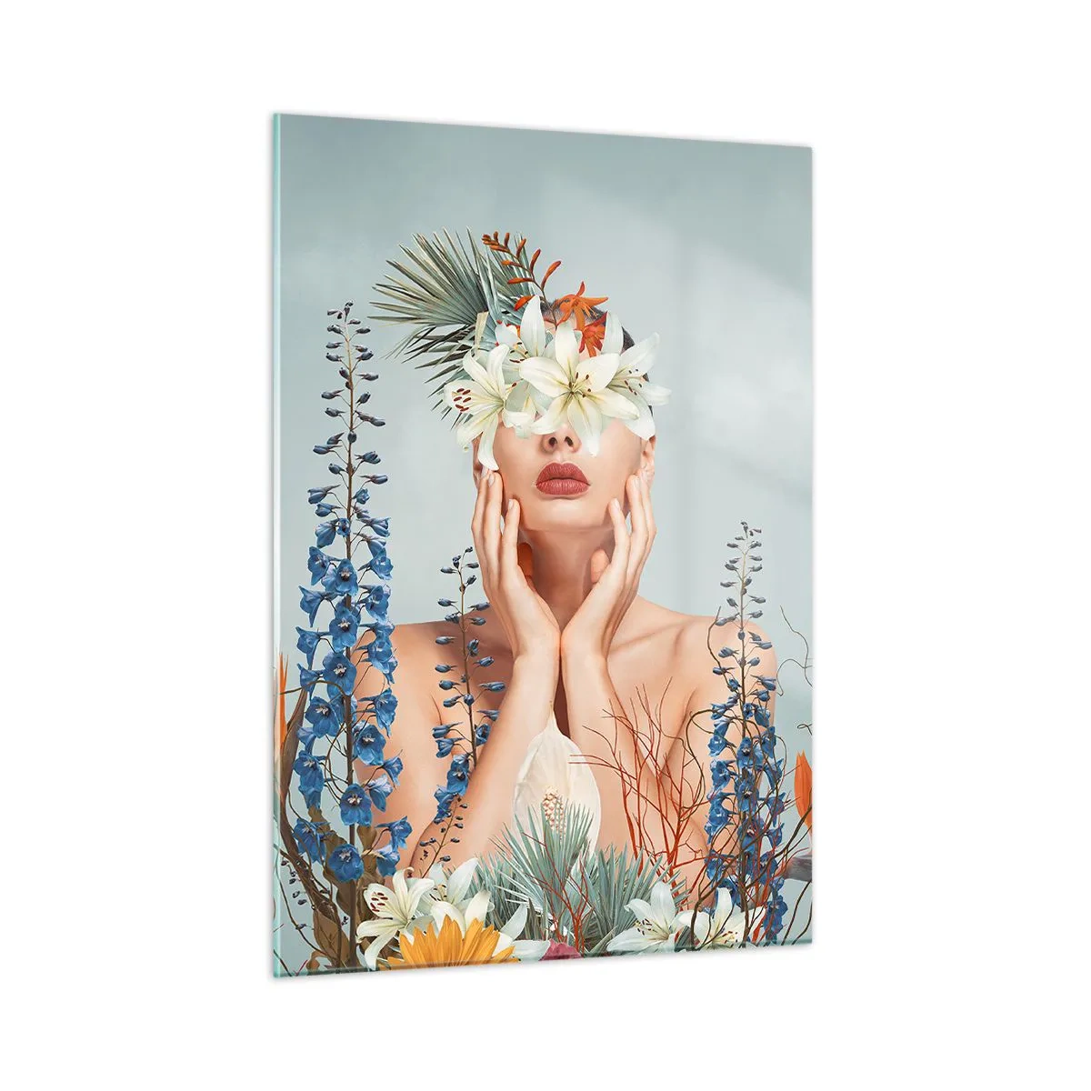 Obraz na szkle - Postać kobiety z kwiatową koroną i kompozycją florystyczną - 50x70cm - Kobieta – kwiat - Nowoczesna dekoracja ścienna do salonu, kuchni i sypialni ARTTOR