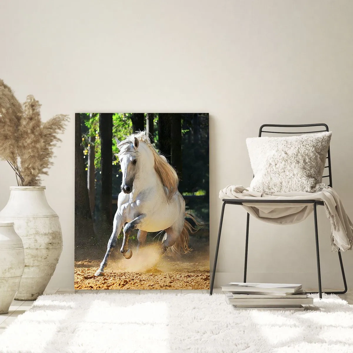 Obraz na szkle - Biały koń galopujący po leśnej polanie - 70x100cm - Jak z powieści fantasy - Nowoczesna dekoracja ścienna do salonu i sypialni ARTTOR