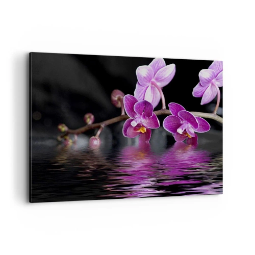 Obraz na płótnie - Fioletowe orchidee nad spokojną wodą na tle czarnym - 100x70cm - Liliowe odbicie piękna - Nowoczesna dekoracja ścienna do salonu, kuchni i sypialni ARTTOR