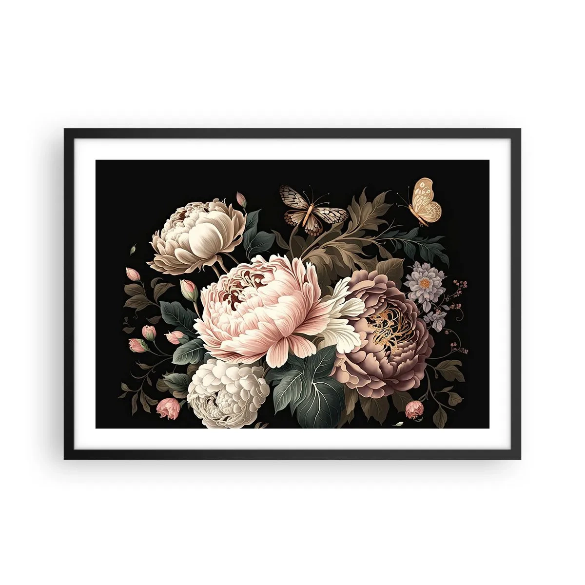 Plakat w czarnej ramie - Bukiet różowych kwiatów i motyli na czarnym tle - 70x50cm - W barokowym stylu - Nowoczesna dekoracja ścienna do salonu i sypialni ARTTOR