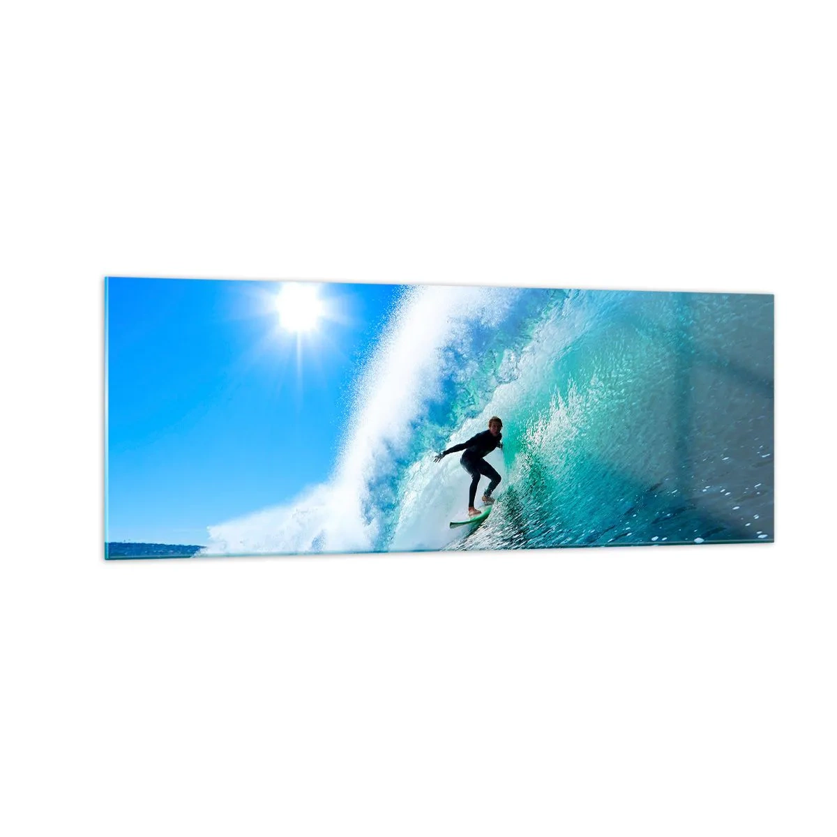 Obraz na szkle - Surfer na desce pływający wewnątrz potężnej fali pod błękitnym niebem - 140x50cm - Przez wielki błękit - Nowoczesna dekoracja ścienna do salonu i sypialni ARTTOR