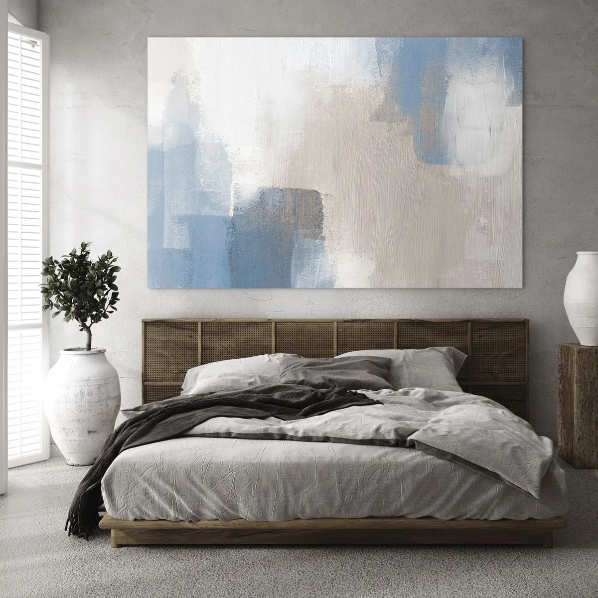 Obraz na szkle - Beżowo-niebieska abstrakcja w pastelowych barwach - 70x50cm - Abstrakcja różowa za zasłoną błękitu - Nowoczesna dekoracja ścienna do salonu i sypialni ARTTOR