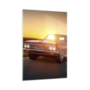 Obraz na szkle - Czerwony samochód klasyczny na tle zachodzącego słońca - 50x70cm - Pożądanie ma kolor czerwony - Nowoczesna dekoracja ścienna do salonu, kuchni i sypialni ARTTOR