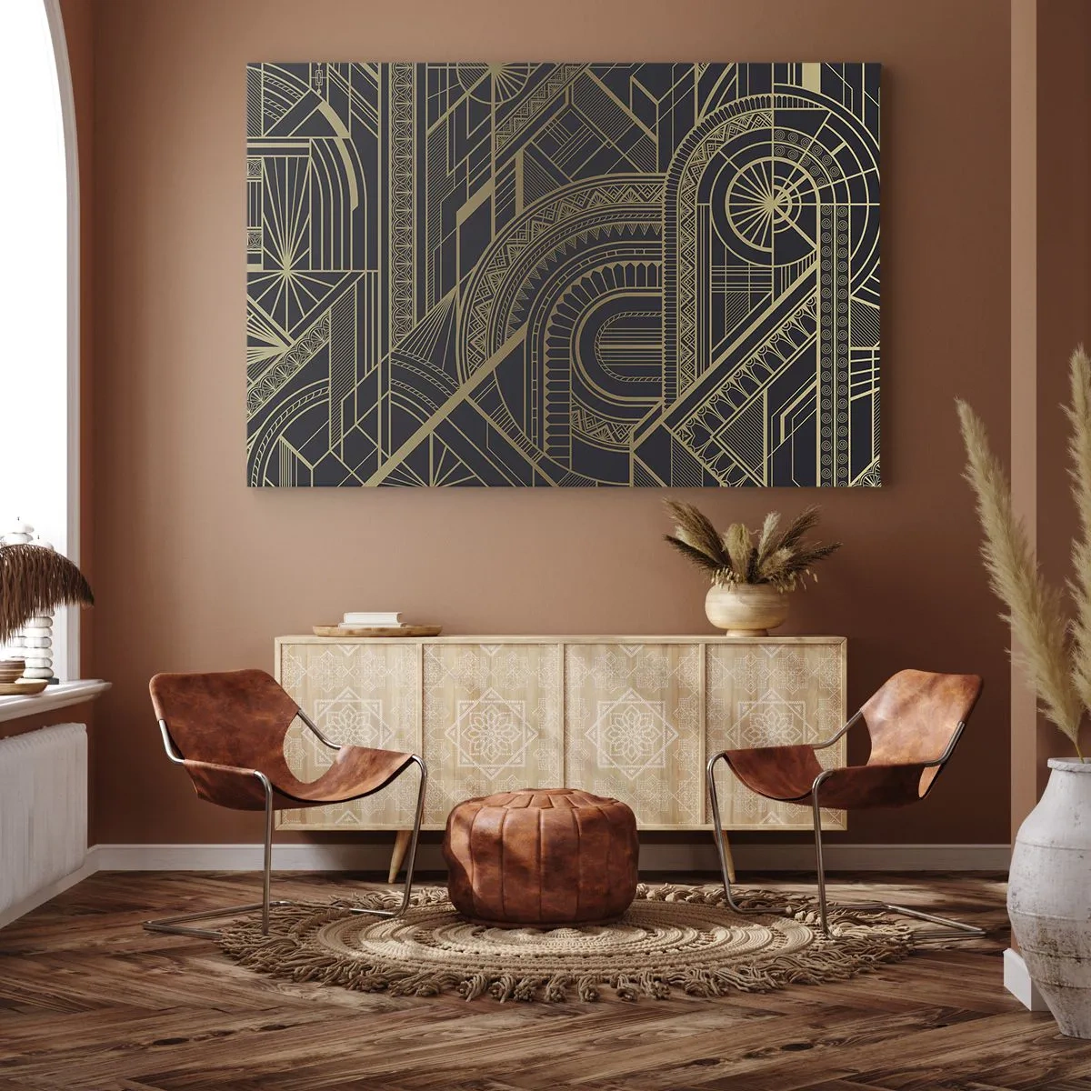 Obraz na płótnie - Złote geometryczne wzory na czarnym tle w stylu art deco - 70x50cm - Koncepty, idee, plany - Nowoczesna dekoracja ścienna do salonu i sypialni ARTTOR