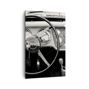 Obraz na płótnie - Czarno-białe wnętrze klasycznego samochodu - 80x120cm - Marzenie kolekcjonera - Nowoczesna dekoracja ścienna do salonu i sypialni ARTTOR