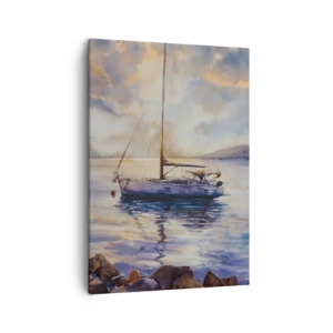 Obraz na płótnie - Malowniczy obraz jachtu na spokojnym morzu o zachodzie słońca, w stylu akwareli - 50x70cm - Wieczór w zatoce - Nowoczesna dekoracja ścienna do salonu, kuchni i sypialni ARTTOR