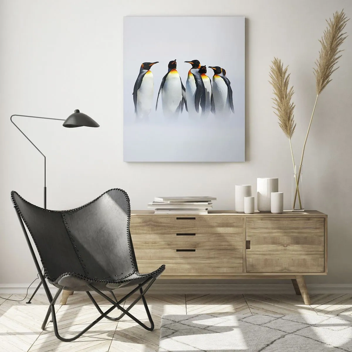 Obraz na szkle - Grupa pingwinów w zimowej scenerii - 50x70cm - Spotkanie w wieczorowych strojach - Nowoczesna dekoracja ścienna do salonu, kuchni i sypialni ARTTOR