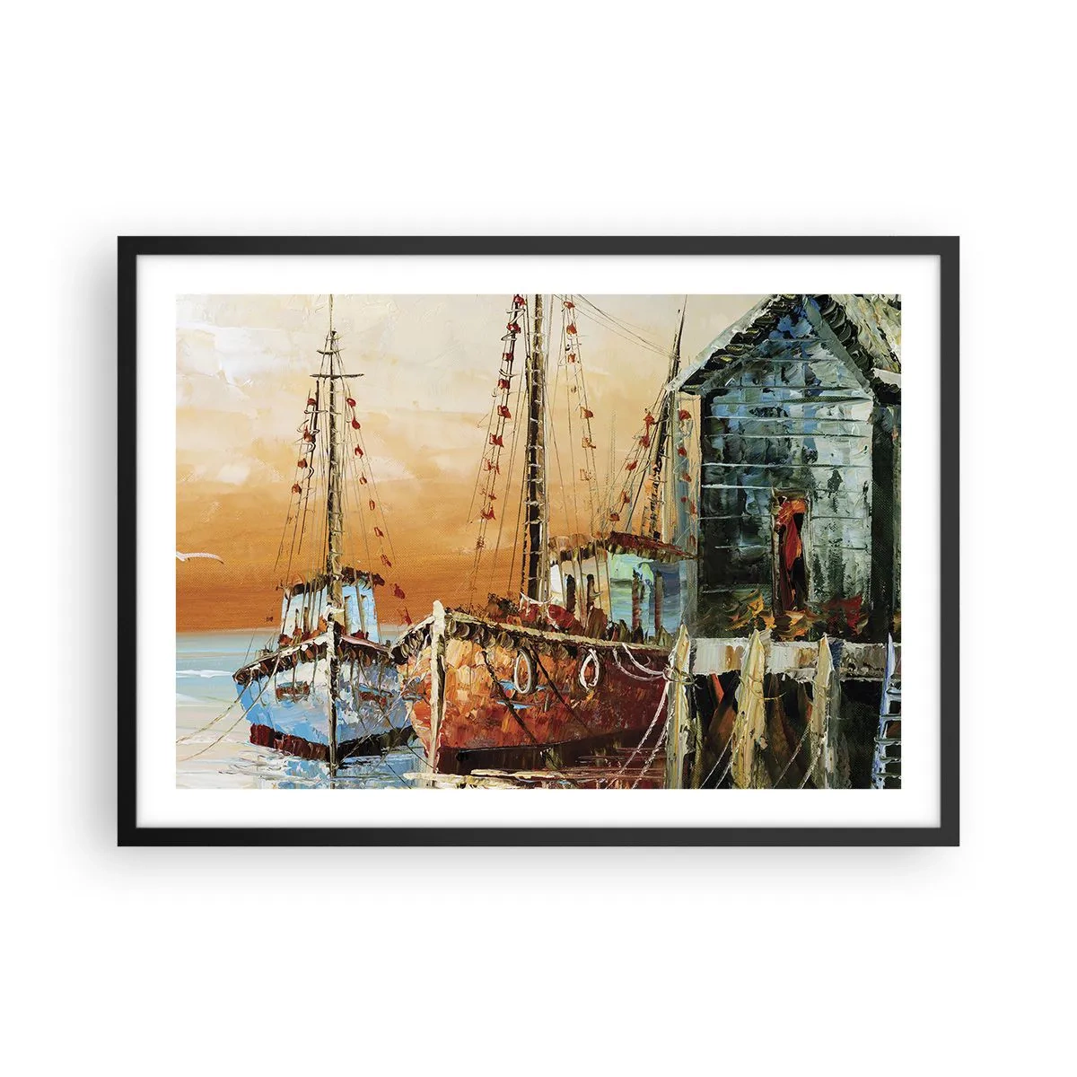 Plakat w czarnej ramie - Łodzie przy brzegu w ciepłym świetle zachodu słońca - 70x50cm - Spokojny powrót - Nowoczesna dekoracja ścienna do salonu i sypialni ARTTOR
