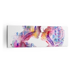 Obraz na płótnie - Romantyczna akwarela przedstawiająca sylwetki zakochanych - 160x50cm - Tajemny most westchnień - Nowoczesna dekoracja ścienna do salonu i sypialni ARTTOR