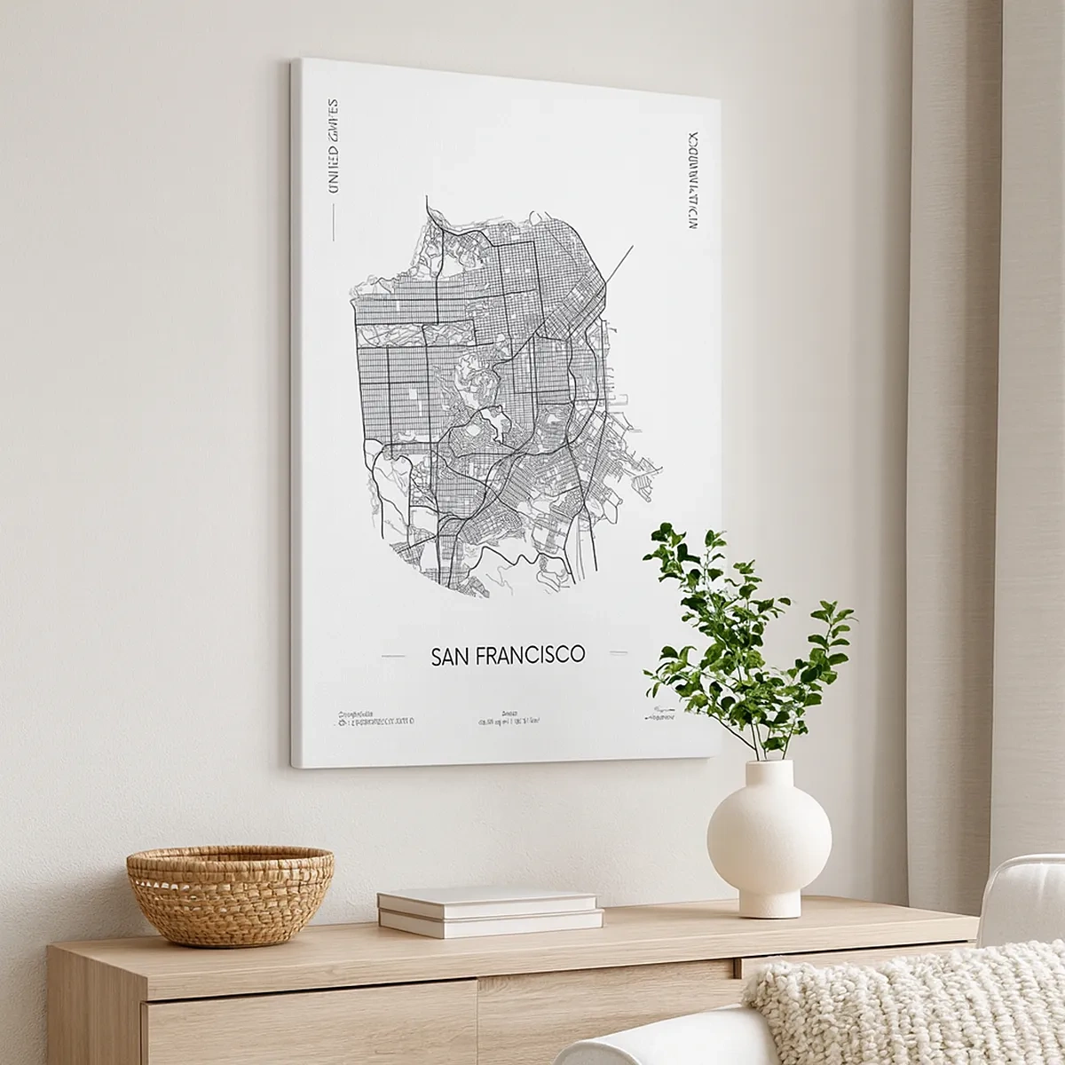 Obraz na płótnie - Minimalistyczna mapa San Francisco w czarnych liniach na białym tle - 50x70cm - Anatomia San Francisco - Nowoczesna dekoracja ścienna do salonu, kuchni i sypialni ARTTOR