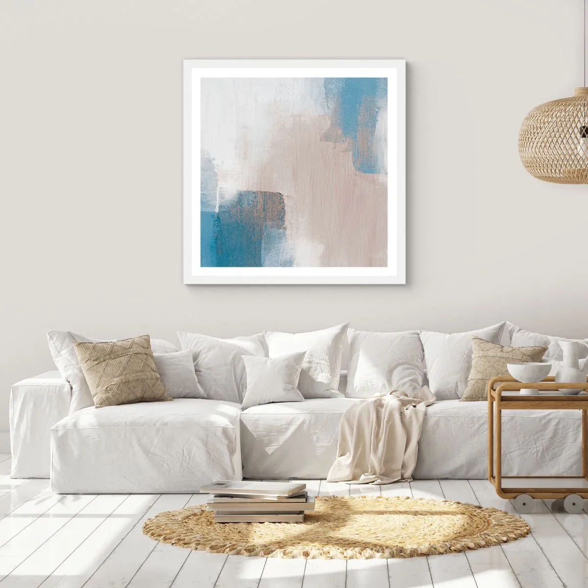 Plakat w białej ramie - Abstrakcja różowa za zasłoną błękitu - 50x50 cm