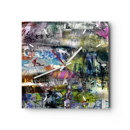 Zegar ścienny - Abstrakcyjny kolaż z tekstami i różnorodnymi kolorami - 30x30cm - Kolaż wspomnień - Nowoczesna dekoracja ścienna do salonu i sypialni ARTTOR