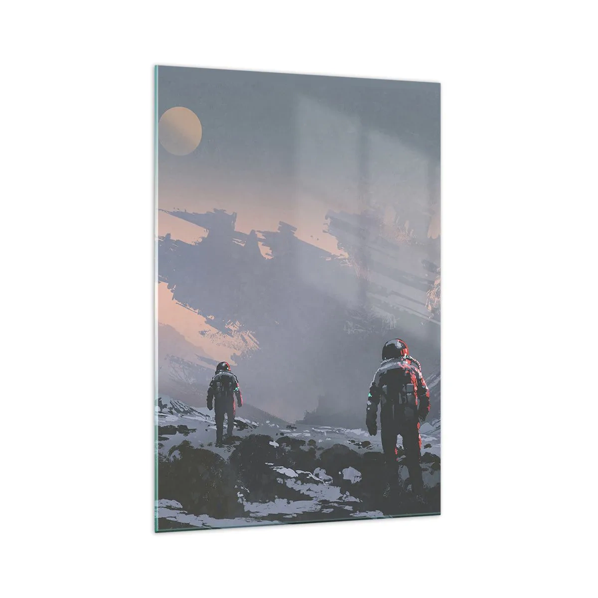 Obraz na szkle - Astronauci na obcej planecie z wrakiem statku kosmicznego - 70x100cm - Pod nieznaną gwiazdą - Nowoczesna dekoracja ścienna do salonu i sypialni ARTTOR