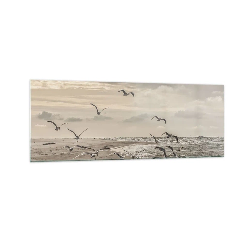 Obraz na szkle - Mewa w locie nad nadmorskim krajobrazem - 140x50cm - Morza szum, ptaków śpiew - Nowoczesna dekoracja ścienna do salonu i sypialni ARTTOR