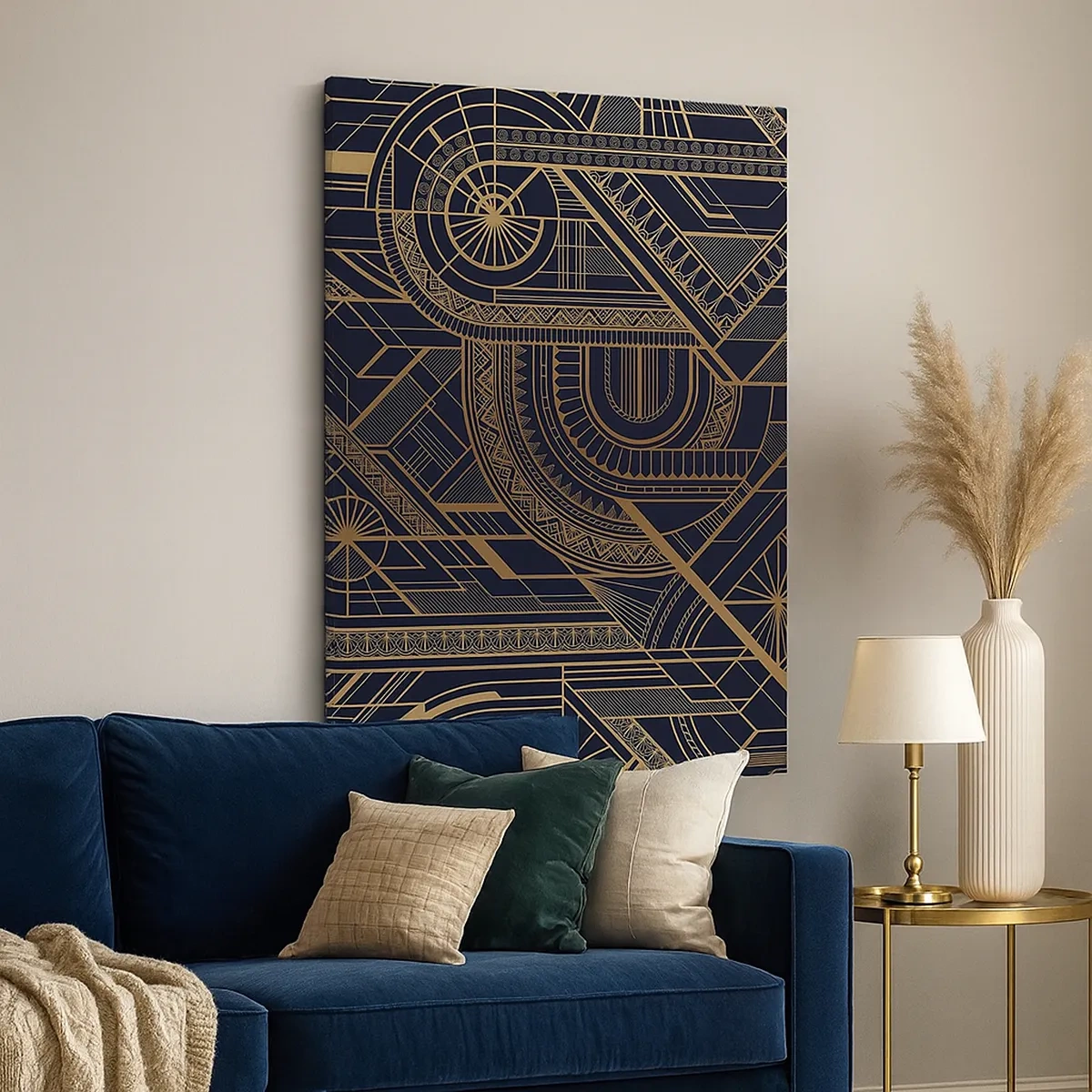 Obraz na płótnie - Geometryczna kompozycja w stylu art deco w odcieniach złota i czerni - 50x70cm - Koncepty, idee, plany - Nowoczesna dekoracja ścienna do salonu, kuchni i sypialni ARTTOR
