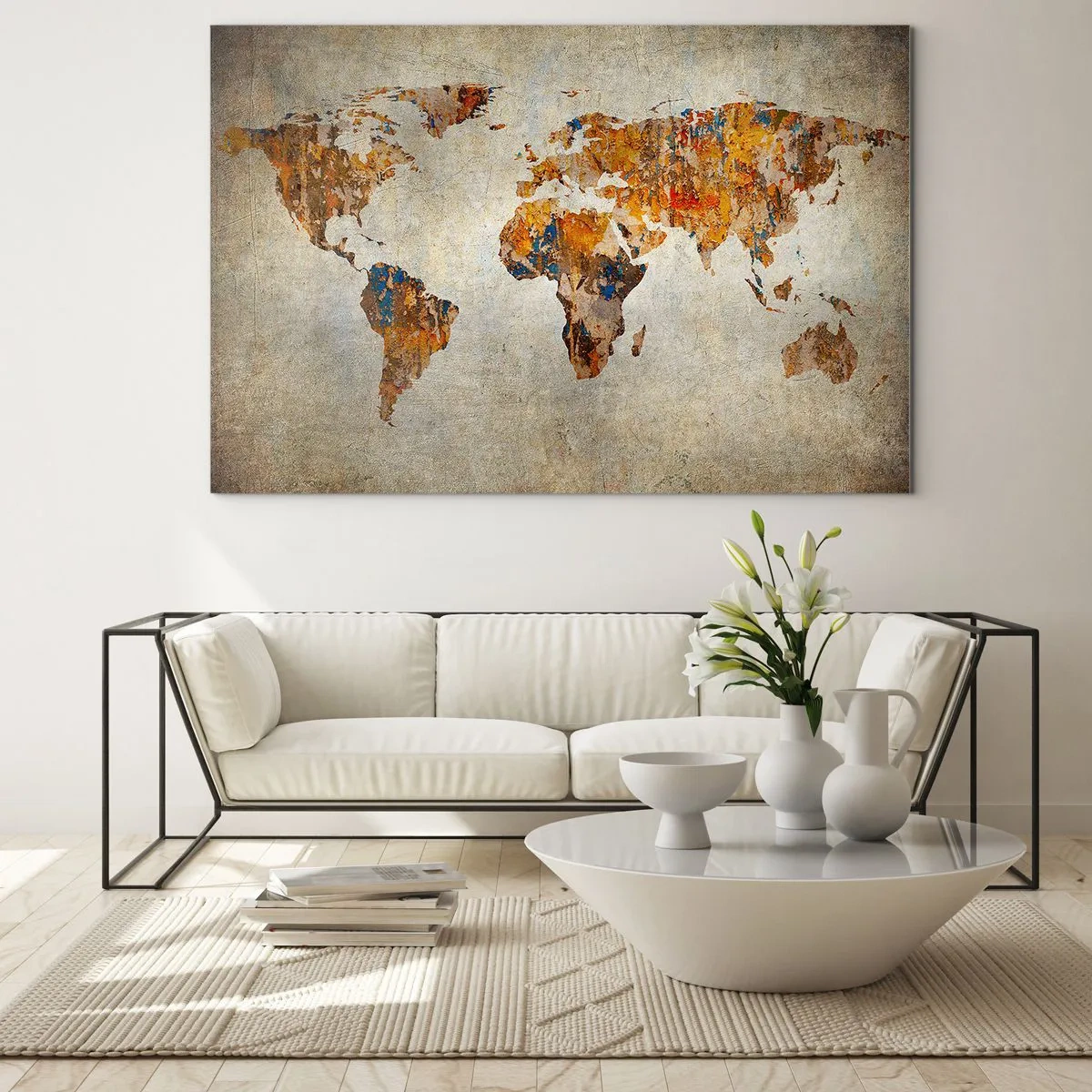 Obraz na szkle - Artystyczna mapa świata w ciepłych odcieniach - 70x50cm - Naprawdę wielki świat - Nowoczesna dekoracja ścienna do salonu i sypialni ARTTOR