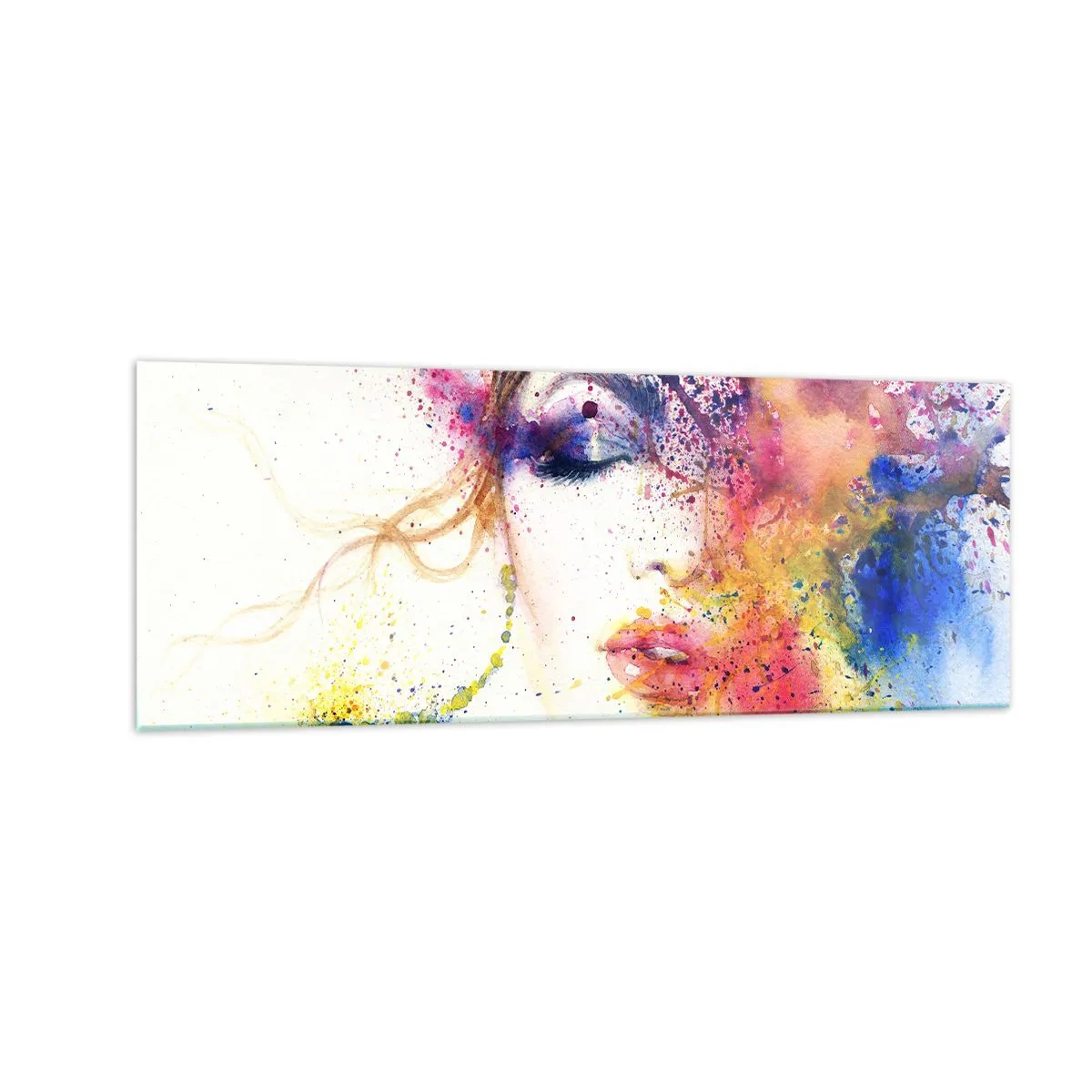 Obraz na szkle - Artystyczny portret kobiety w akwarelowych barwach pełnych ekspresji - 140x50cm - Tęczowy zawrót głowy - Nowoczesna dekoracja ścienna do salonu i sypialni ARTTOR