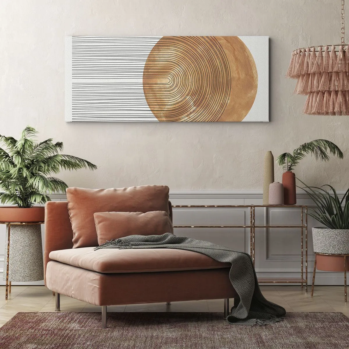 Obraz na płótnie - Geometryczna kompozycja z okręgiem i liniami w ciepłych barwach - 120x50cm - Kompozycja słoneczna - Nowoczesna dekoracja ścienna do salonu i sypialni ARTTOR