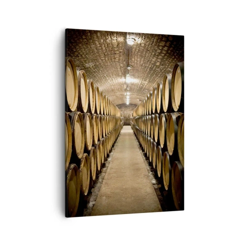 Obraz na płótnie - Piwnica z beczkami wina ustawionymi w rzędach pod ceglanym sklepieniem - 50x70cm - W murowanej piwnicy - Nowoczesna dekoracja ścienna do salonu, kuchni i sypialni ARTTOR