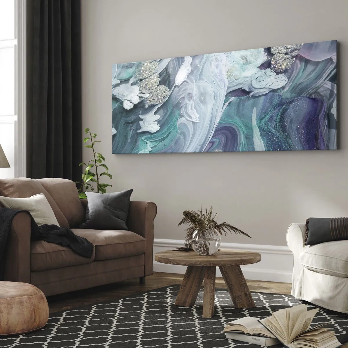 Obraz na płótnie - Abstrakcyjne wiry w odcieniach błękitu i bieli - 160x50cm - Nurty błękitu - Nowoczesna dekoracja ścienna do salonu i sypialni ARTTOR