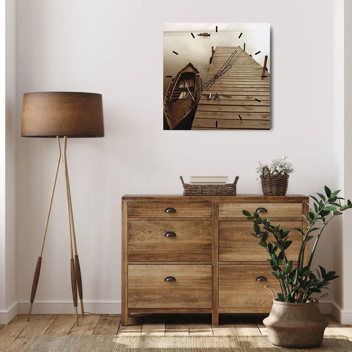 Zegar ścienny - Drewniane molo i łódź w spokojnym jeziorze - 30x30cm - Wielki spokój - Nowoczesna dekoracja ścienna do salonu i sypialni ARTTOR