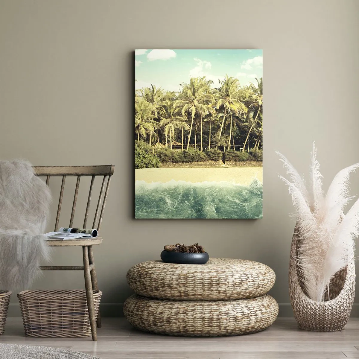 Obraz na płótnie - Tropikalna plaża z palmami i turkusowym morzem - 70x100cm - A może tutaj? - Nowoczesna dekoracja ścienna do salonu i sypialni ARTTOR