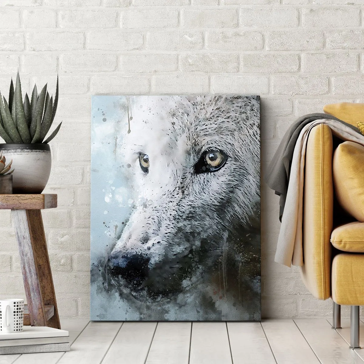 Obraz na płótnie - Portret wilka w stylu akwareli na jasnym tle - 50x70cm - Poznaj wilczą duszę - Nowoczesna dekoracja ścienna do salonu, kuchni i sypialni ARTTOR