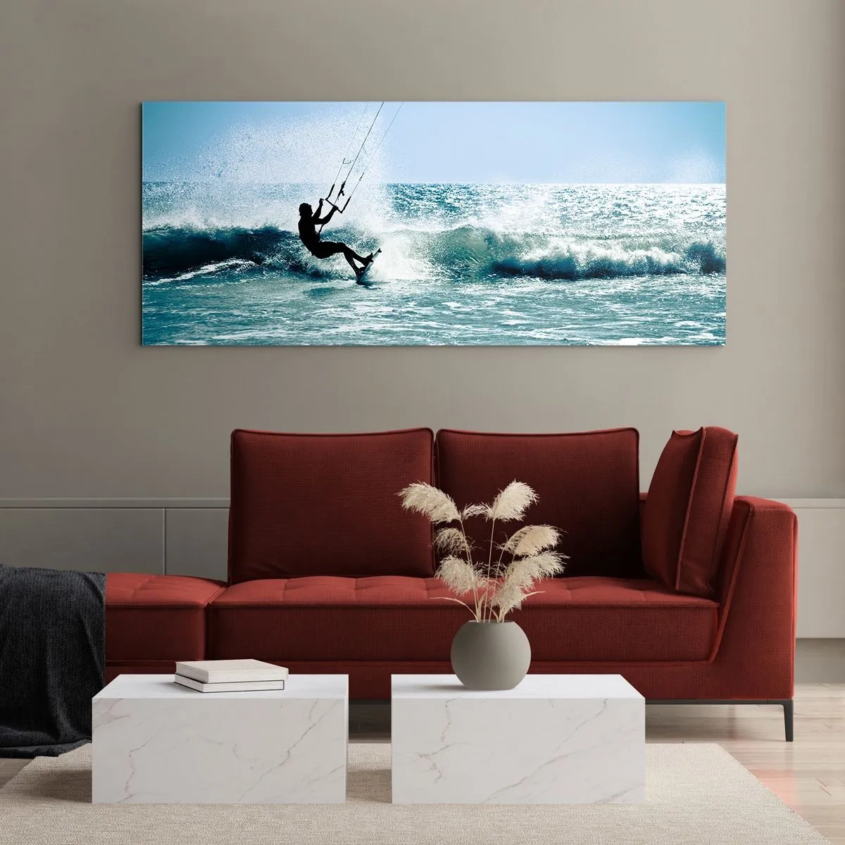 Obraz na szkle - Kitesurfer na fali w pełnym słońcu - 160x50cm - Daj się ponieść - Nowoczesna dekoracja ścienna do salonu i sypialni ARTTOR