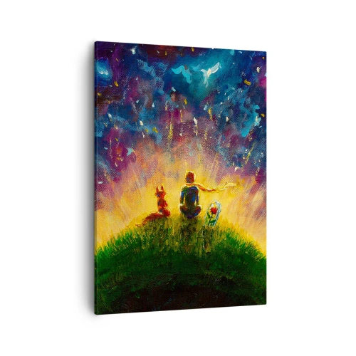 Obraz na płótnie - Chłopiec i lis w magicznej scenerii na wzgórzu - 50x70cm - Miłość i przyjaźń - cały świat - Nowoczesna dekoracja ścienna do salonu, kuchni i sypialni ARTTOR