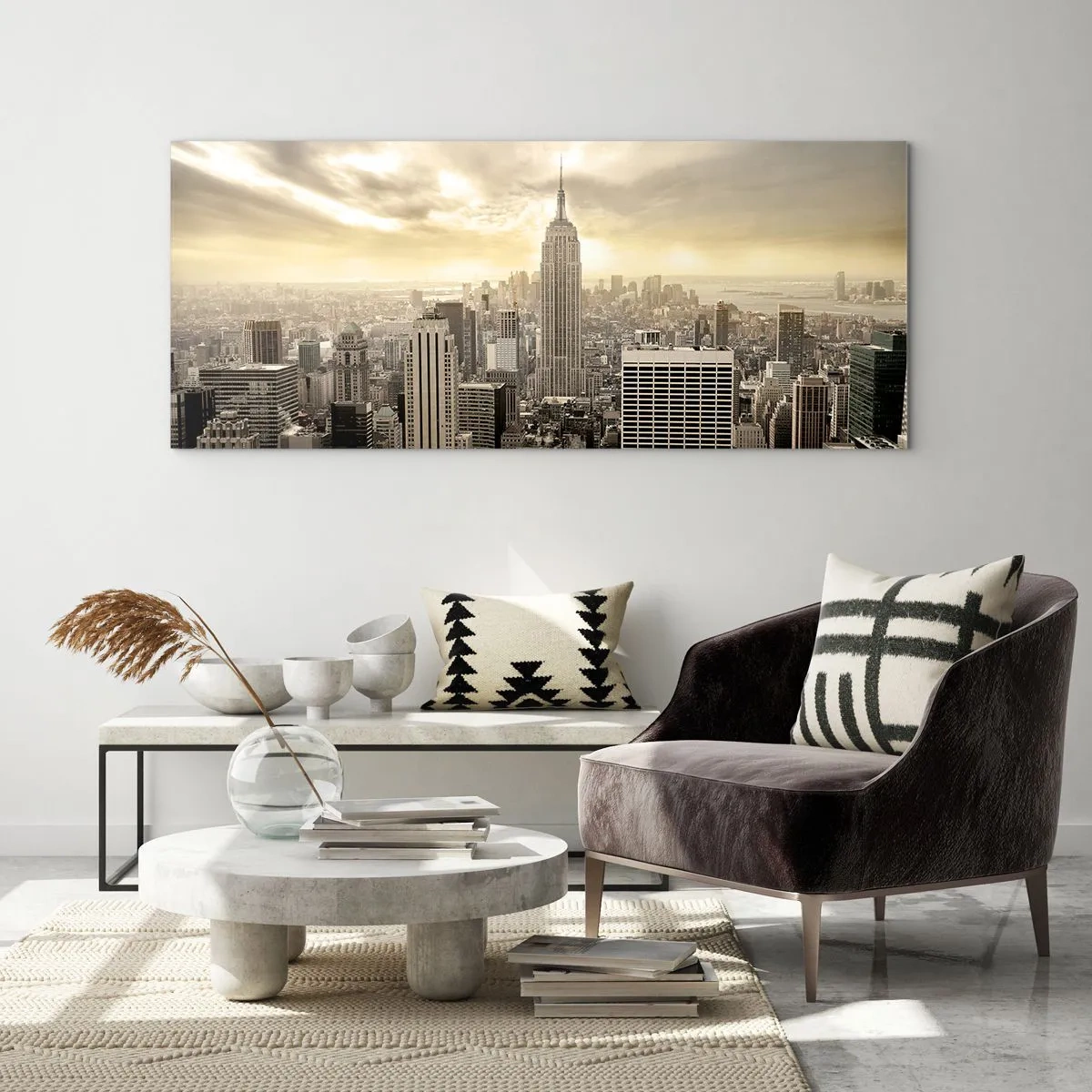 Obraz na szkle - Panorama miasta z widokiem na Empire State Building - 120x50cm - Nowy Jork utkany z szarości - Nowoczesna dekoracja ścienna do salonu i sypialni ARTTOR