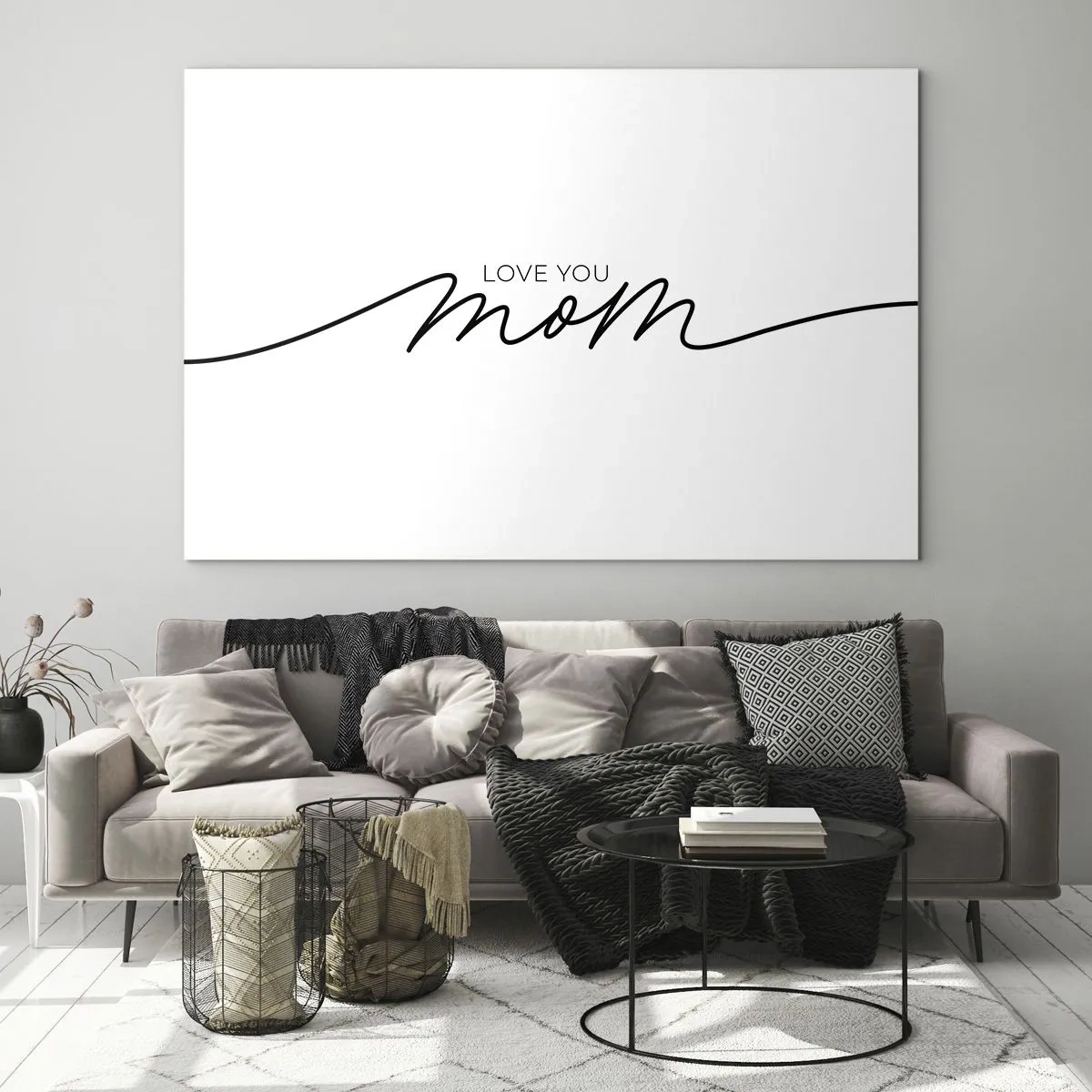 Obraz na szkle - Minimalistyczny napis Love You Mom w czerni na białym tle - 100x70cm - Wielkie wzruszenie - Nowoczesna dekoracja ścienna do salonu, kuchni i sypialni ARTTOR