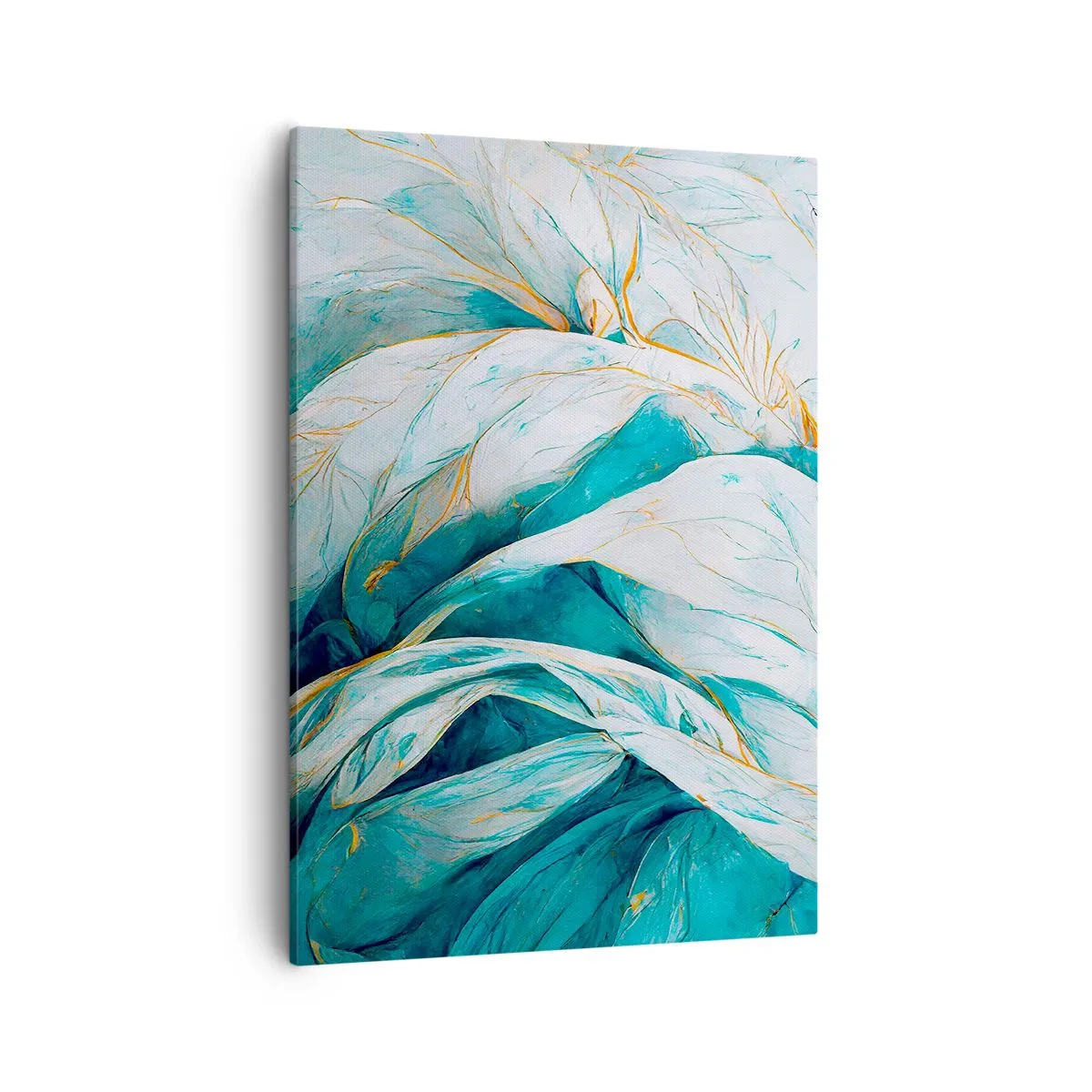Obraz na płótnie - Abstrakcyjne liście w odcieniach turkusu i bieli z delikatnymi złotymi akcentami - 50x70cm - Błękitna abstrakcja z motywem złota - Nowoczesna dekoracja ścienna do salonu, kuchni i sypialni ARTTOR