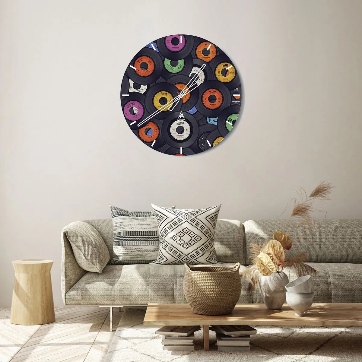 Zegar ścienny - Kolorowe płyty winylowe w artystycznym układzie - 30x30cm - Kolory klasyki - Nowoczesna dekoracja ścienna do salonu, kuchni i sypialni ARTTOR